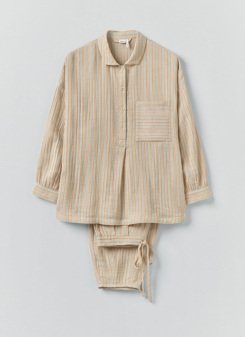 Stripe Crinkle Cotton Pyjamas | Sage/Apricot