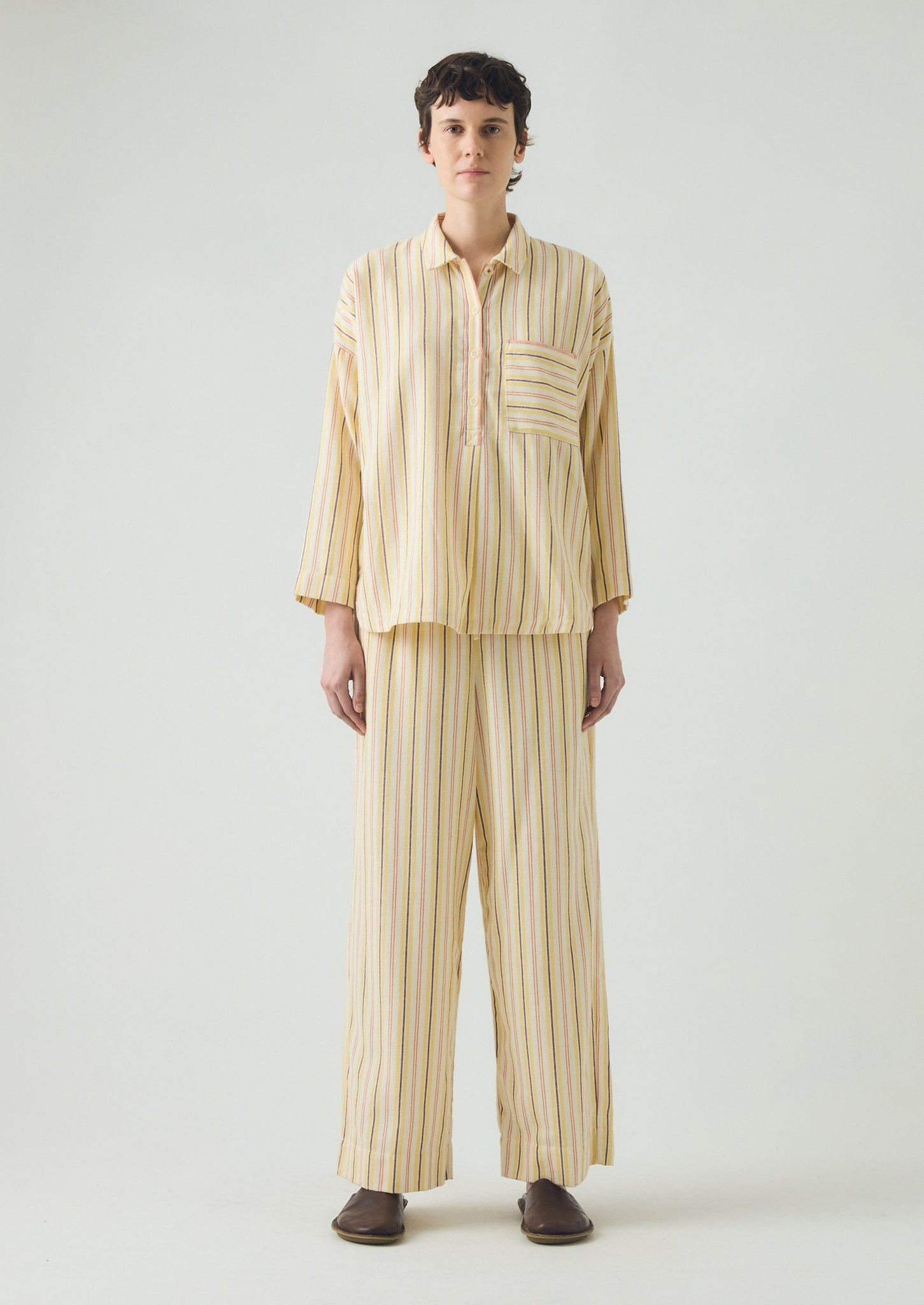 Deco Stripe Flannel Pyjamas | Ecru/Corn