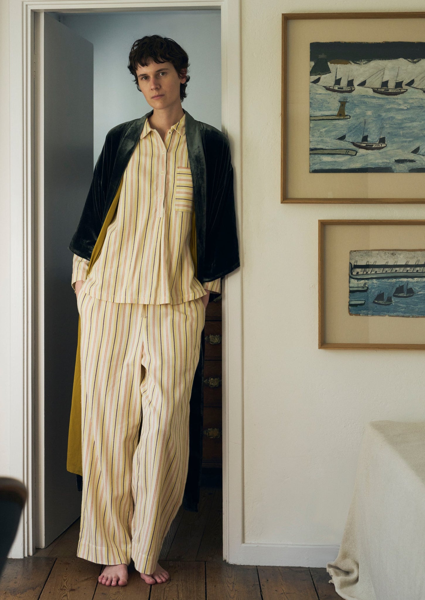 Deco Stripe Flannel Pyjamas | Ecru/Corn