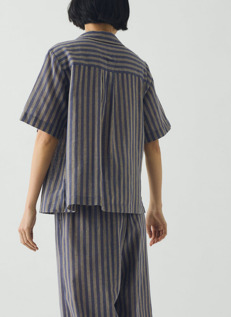 Awning Stripe Cotton Linen Pyjama Top | Catkin/Denim Blue