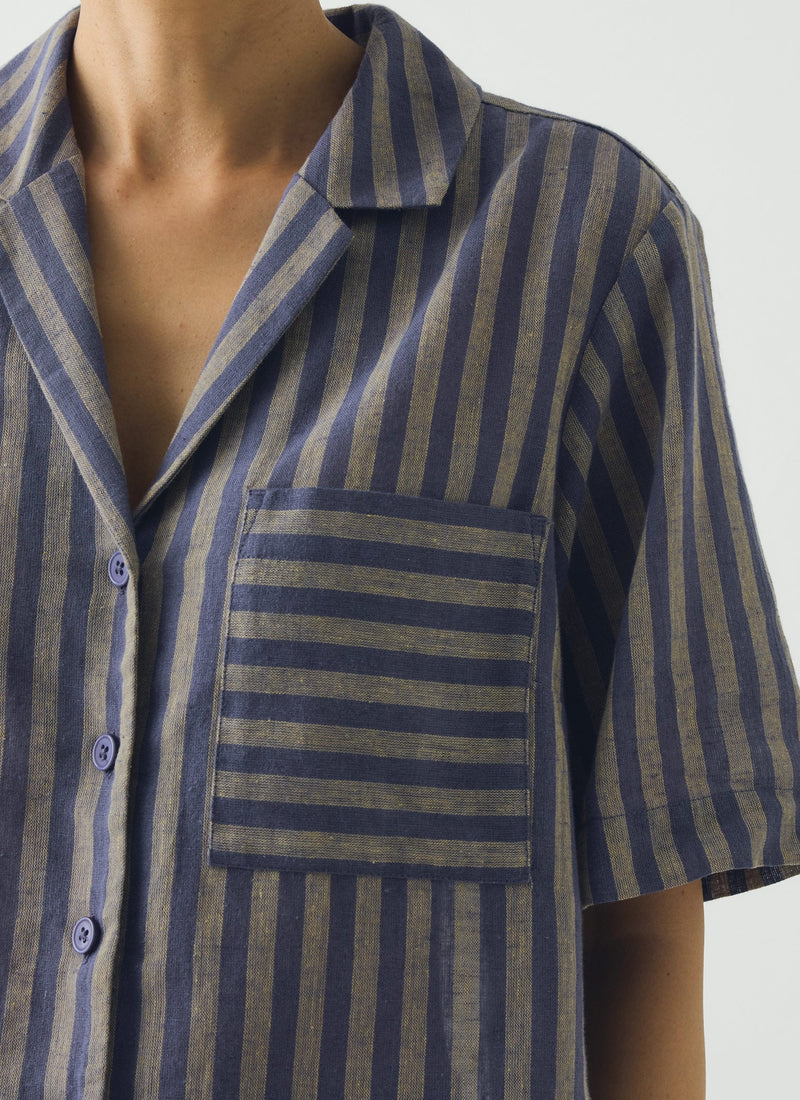 Awning Stripe Cotton Linen Pyjama Top | Catkin/Denim Blue