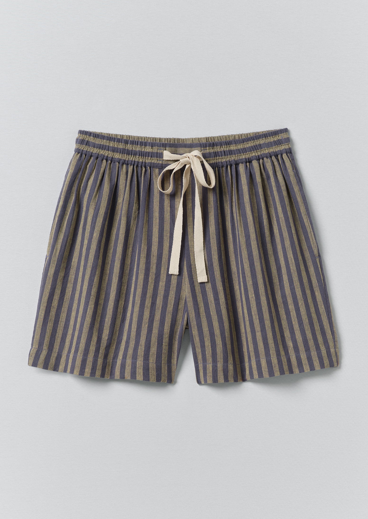 Awning Stripe Cotton Linen Pyjama Shorts | Catkin/Denim Blue