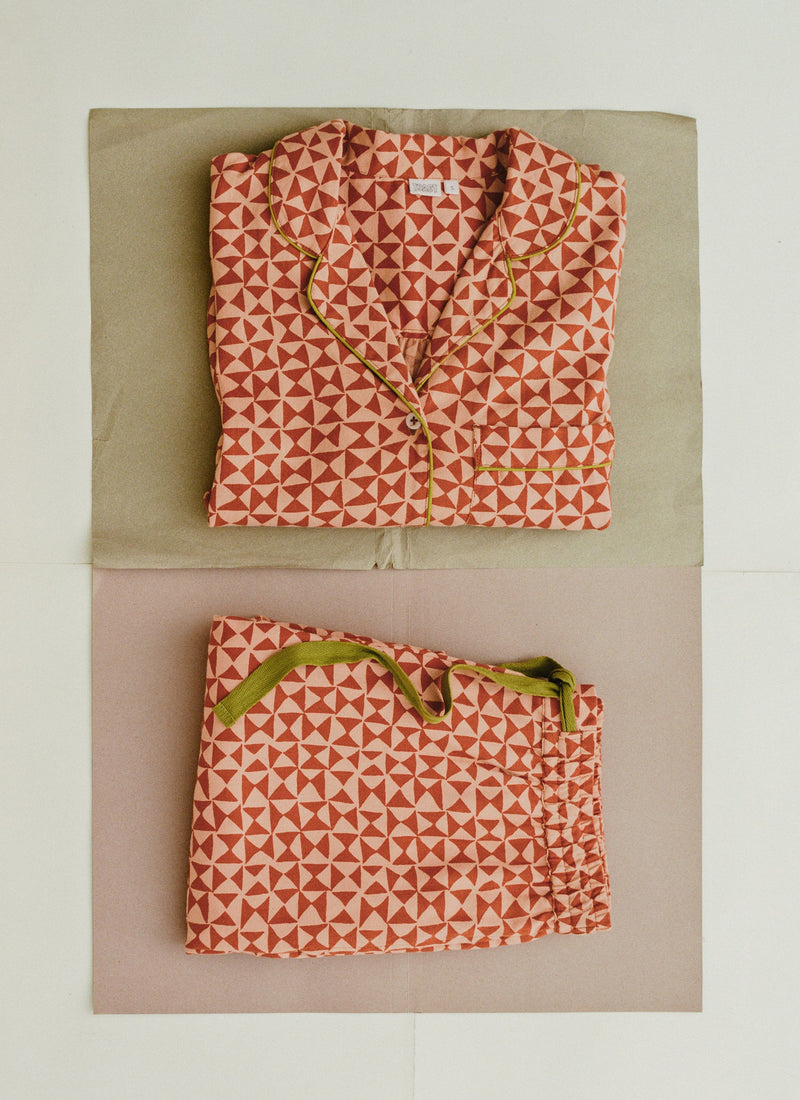 Cut Out Geo Print Flannel Pyjamas | Orange Rust/Peach