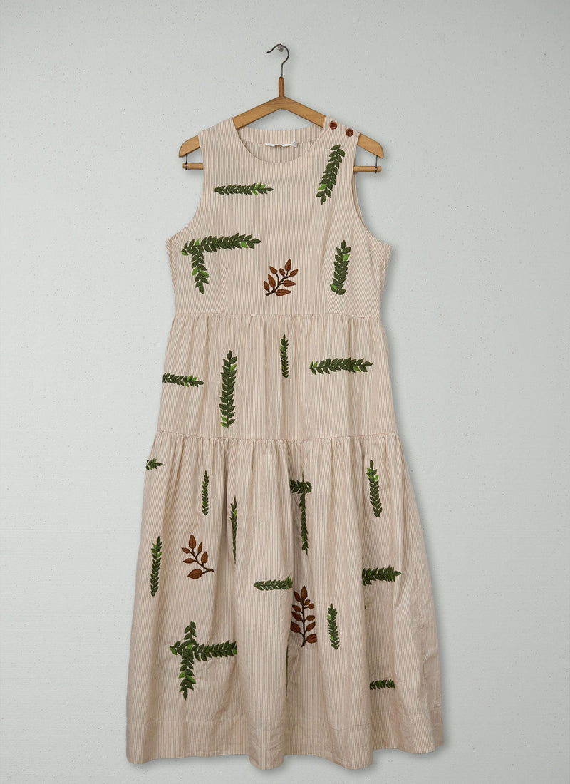 Renewed Leaf Embroidered Stripe Poplin Dress Size 12 (123) | Garden Leaf