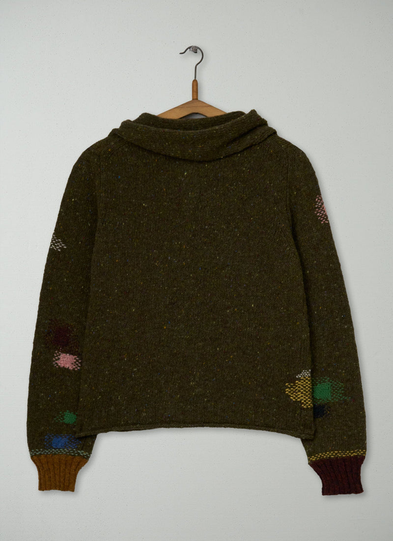 Renewed Donegal Merino Neckerchief Cardigan Size S (151) | Darkest Olive
