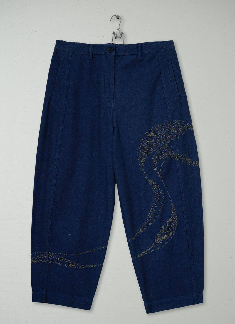 Renewed Organic Cotton Hemp Panel Trouser Size 12 (063) | Dark Chambray Blue