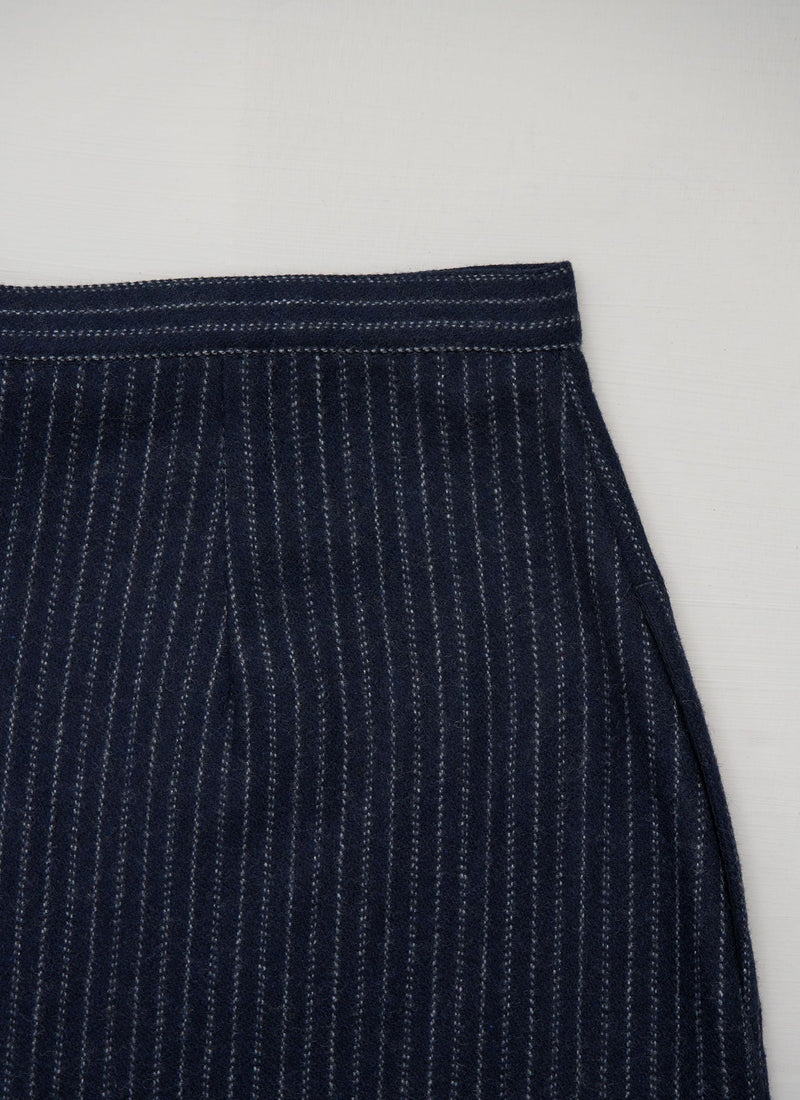 Reworn Wool Cashmere Stripe Skirt Size 12 (404) | Dark Navy