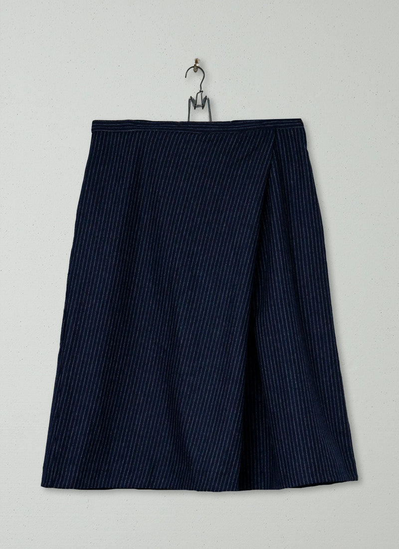 Reworn Wool Cashmere Stripe Skirt Size 12 (404) | Dark Navy