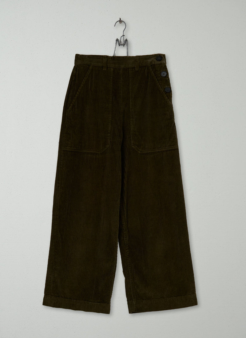 Reworn Side Button Cord Trousers Size 6 (1530) | Dark Olive