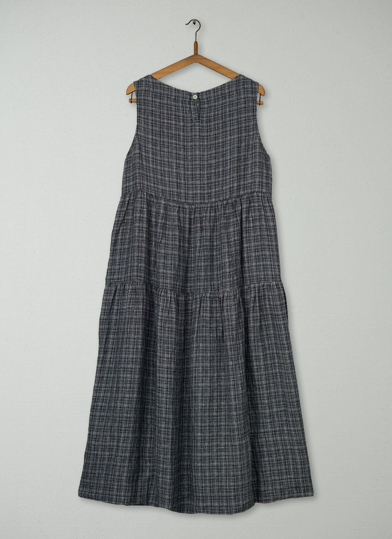 Reworn Check Linen Dress Size L (2028) | Charcoal