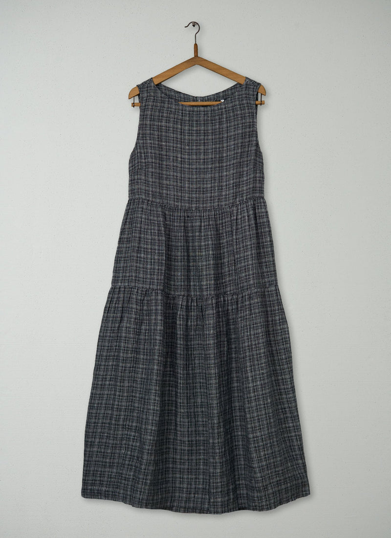 Reworn Check Linen Dress Size L (2028) | Charcoal