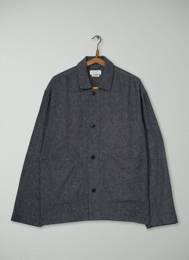Reworn Mens Linen Cotton Shirt Size M (070) | Navy/Ecru