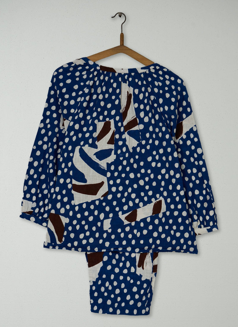 Reworn Painted Patchwork Print Cotton Pyjamas Size S (254) | Washed Blue