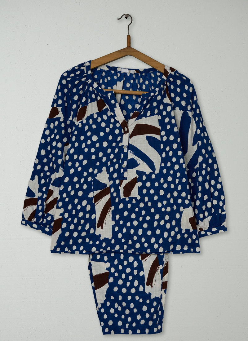 Reworn Painted Patchwork Print Cotton Pyjamas Size S (254) | Washed Blue