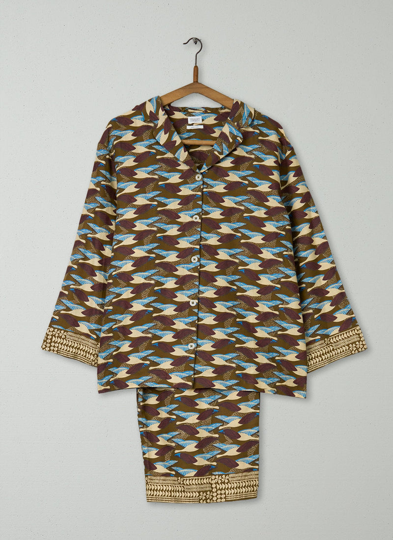 Reworn Bird Print Pyjamas Size XS (250) | Olive