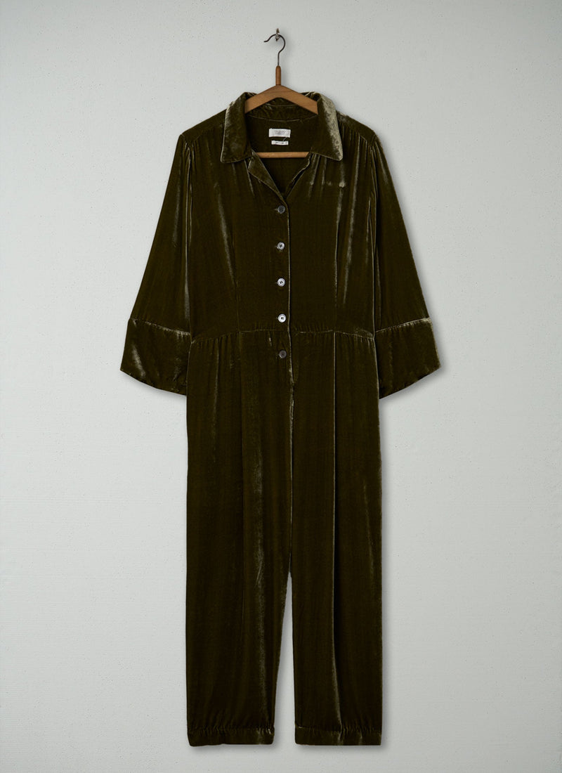 Reworn Silk Velvet Jumpsuit Size 14 (1695) | Rich Olive