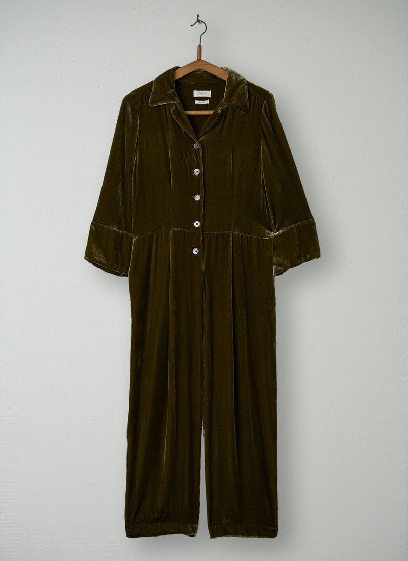 Reworn Silk Velvet Jumpsuit Size 18 (1694) | Rich Olive
