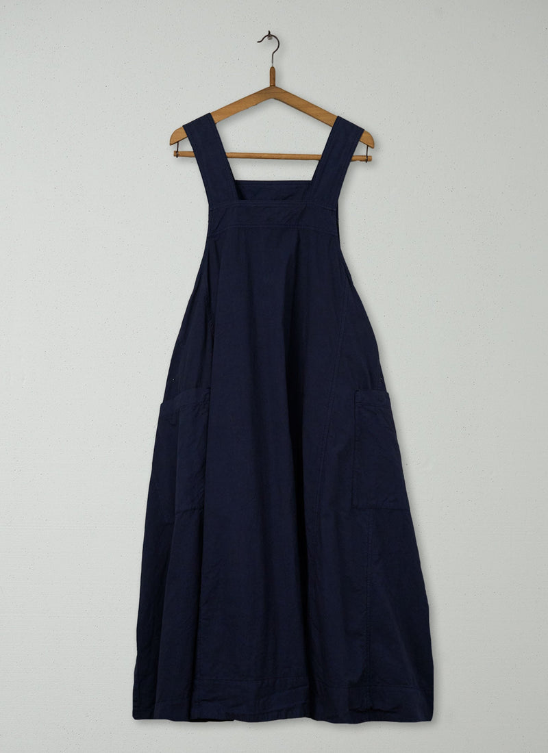 Reworn Cotton Linen Poplin Apron Dress Size XXSXS (1970) | Navy