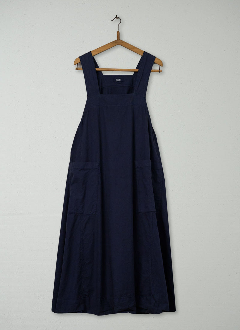 Reworn Cotton Linen Poplin Apron Dress Size XXSXS (1970) | Navy
