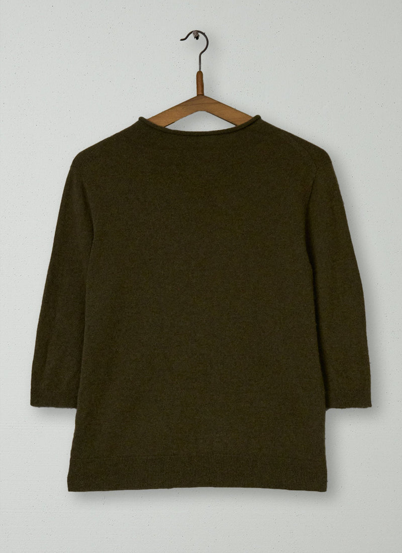 Reworn Fine Wool Cashmere Half Sleeve Sweater Size M (519) | Olive Melange