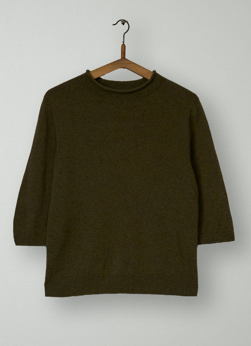 Reworn Fine Wool Cashmere Half Sleeve Sweater Size M (519) | Olive Melange