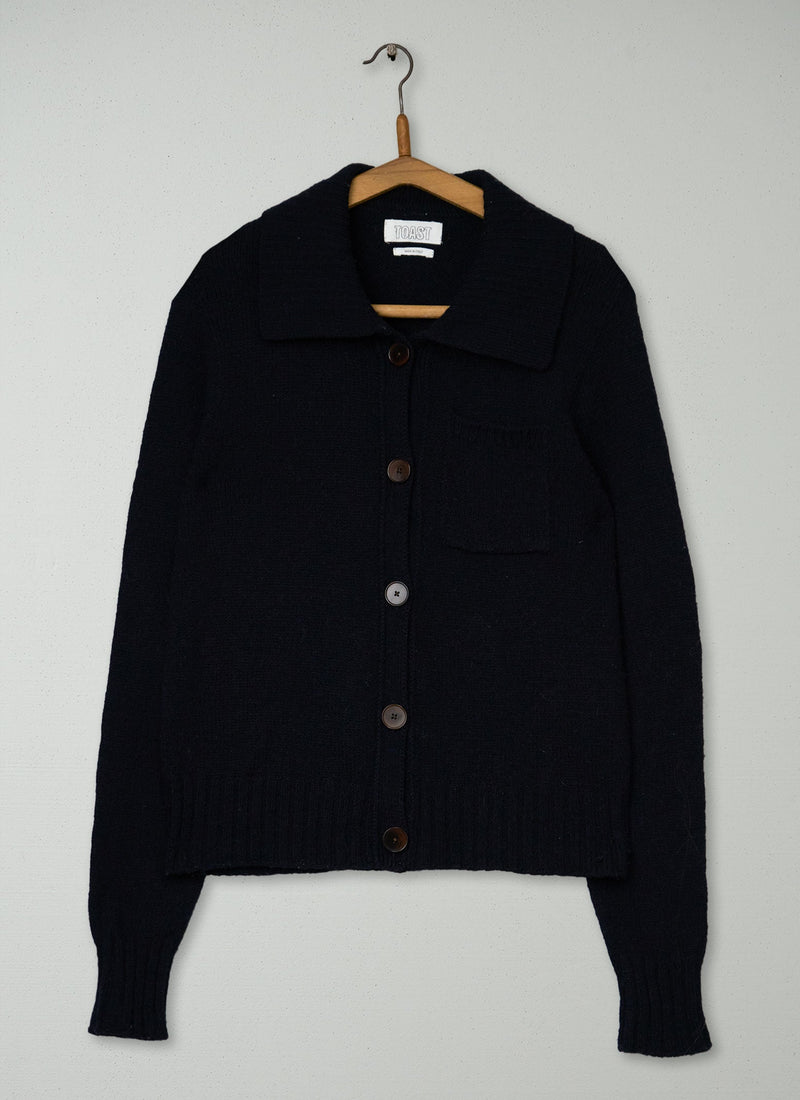 Reworn Collared Wool Cardigan Size S (641) | Dark Navy