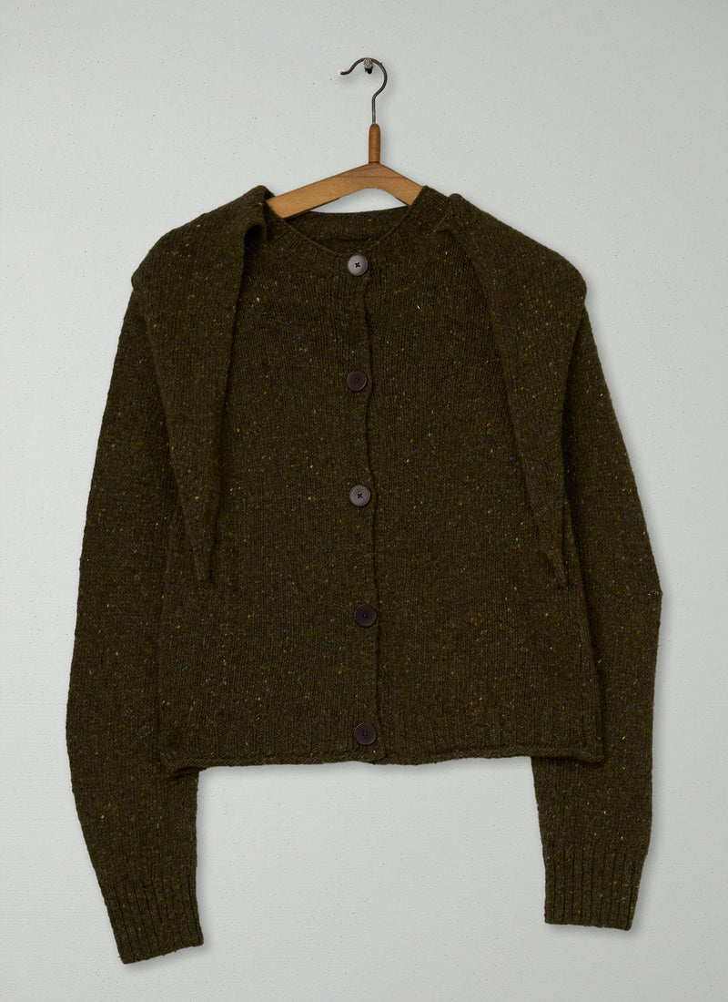 Reworn Merino Neckerchief Cardigan Size S (649) | Darkest Olive