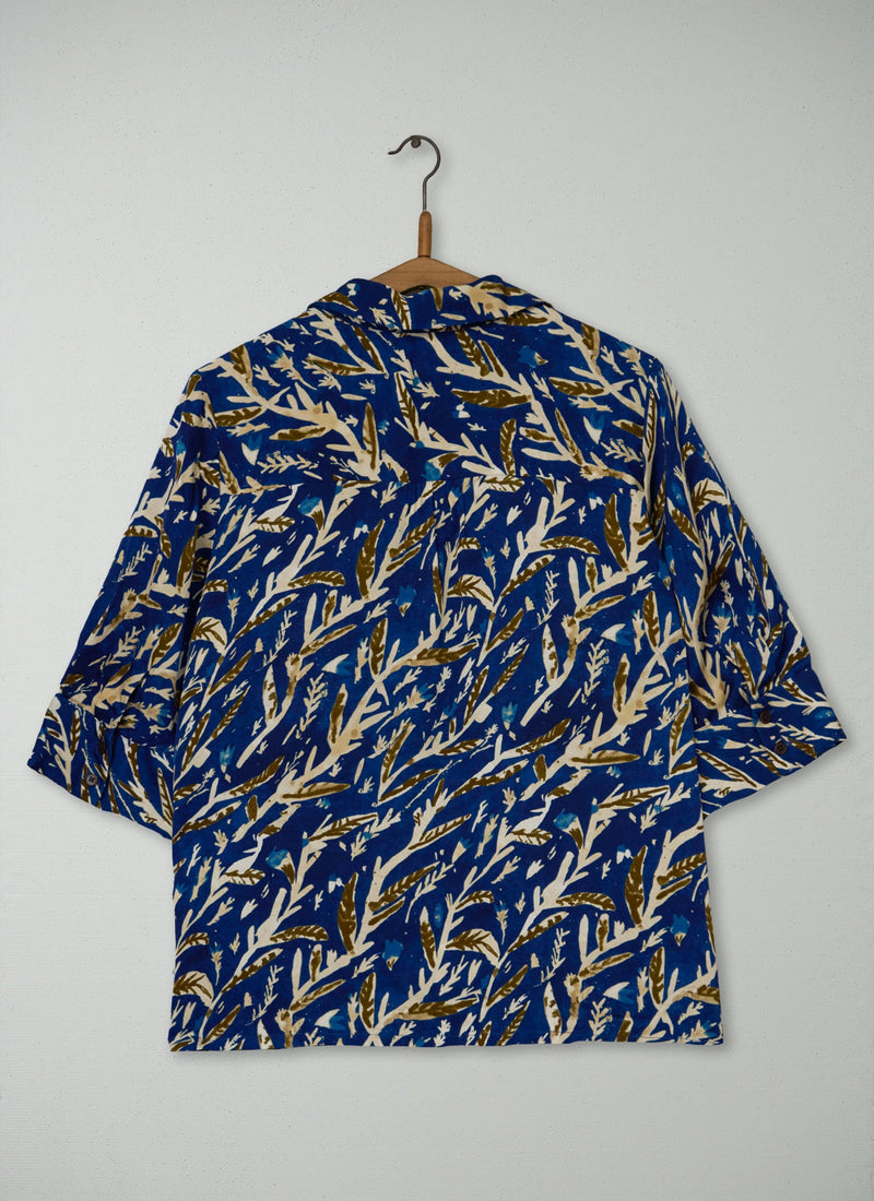 Reworn Gia Herb Print Shirt Size 10 (1229) | Brilliant Blue