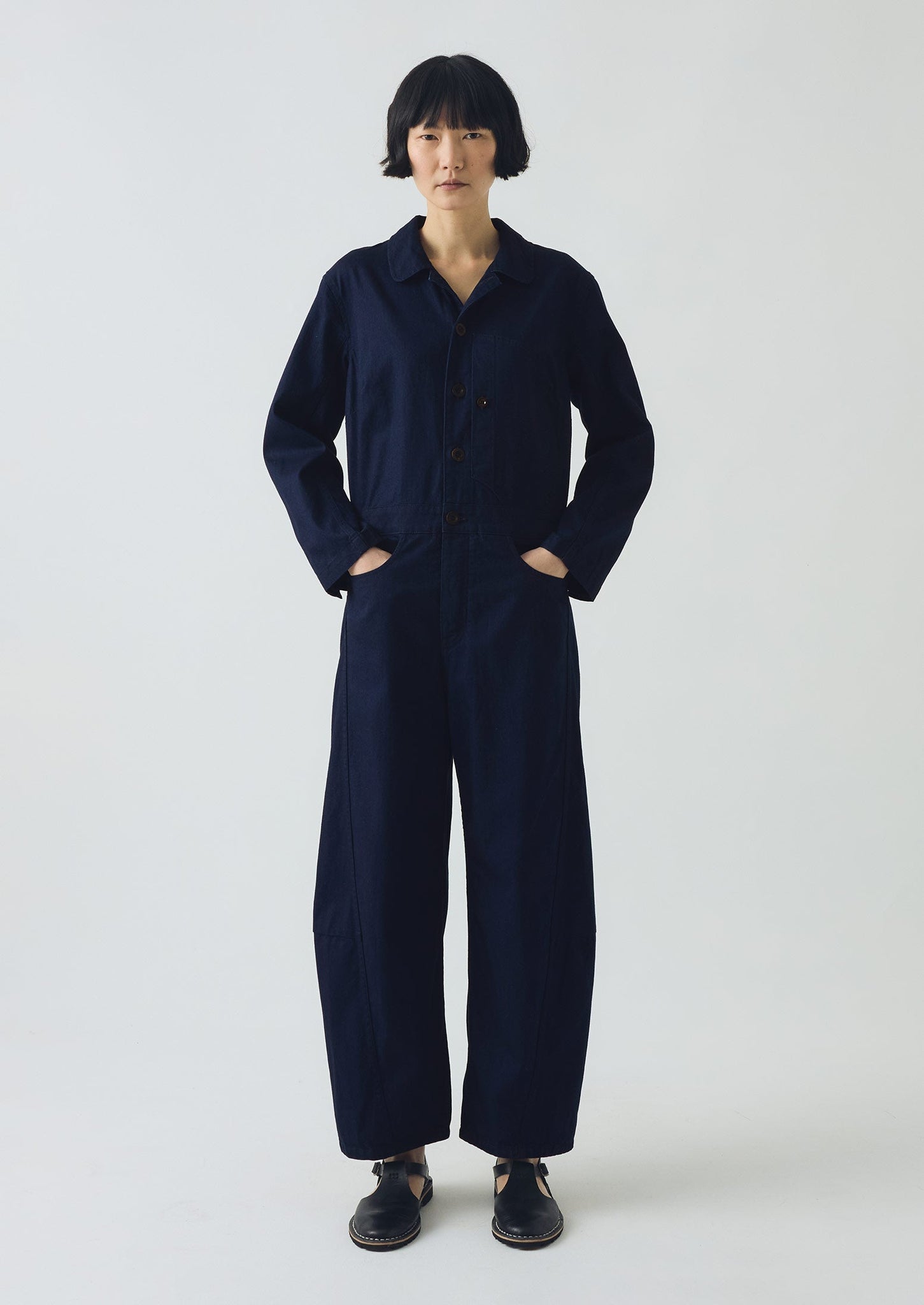 Half Placket Cotton Twill Jumpsuit | Indigo