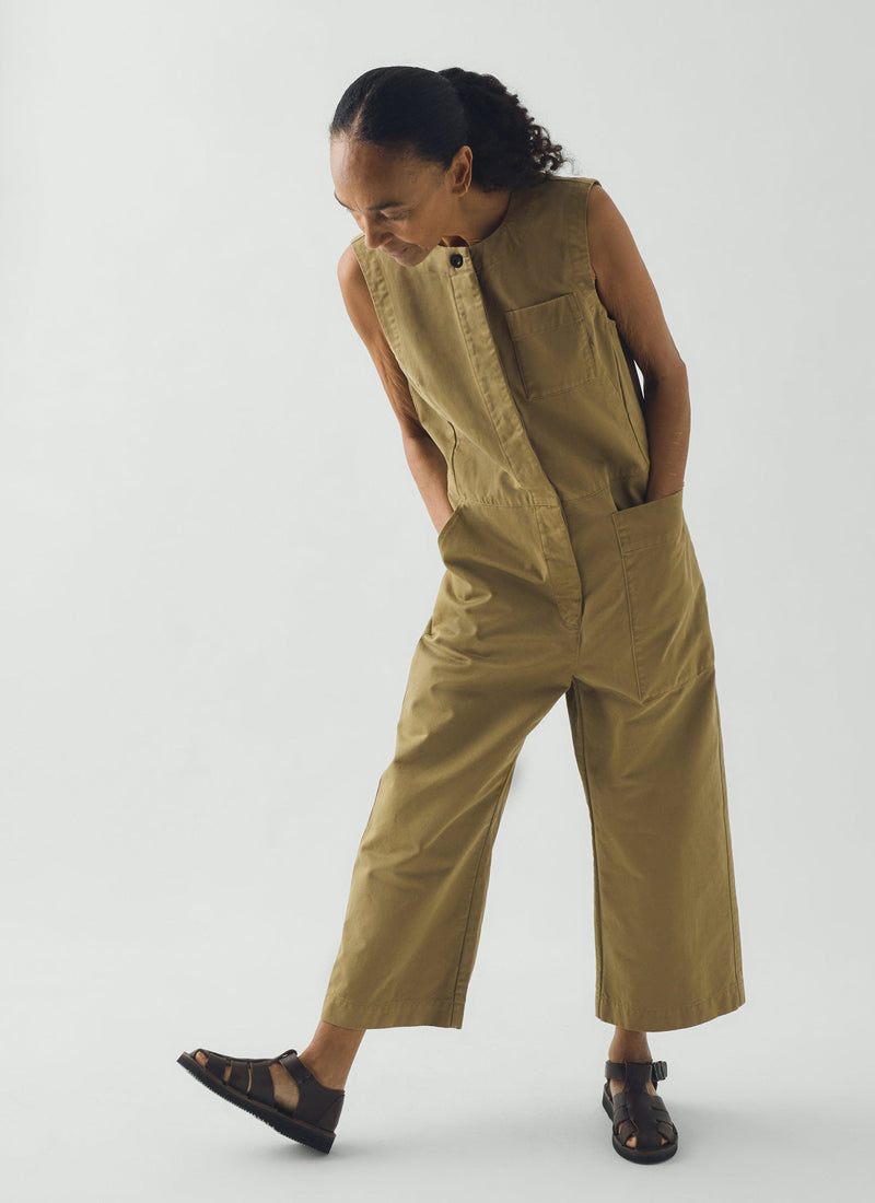 Sleeveless Cotton Twill Jumpsuit | Olive Leaf