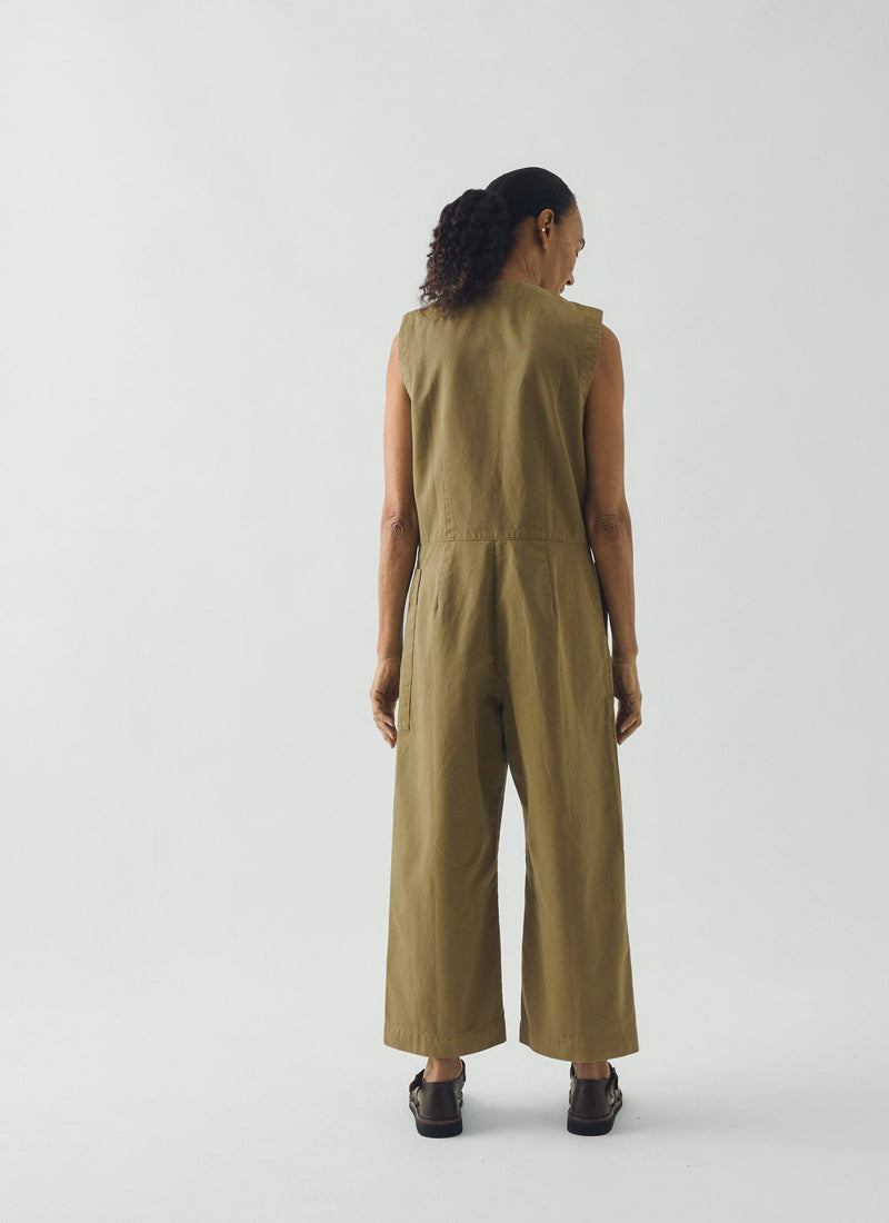Sleeveless Cotton Twill Jumpsuit | Olive Leaf