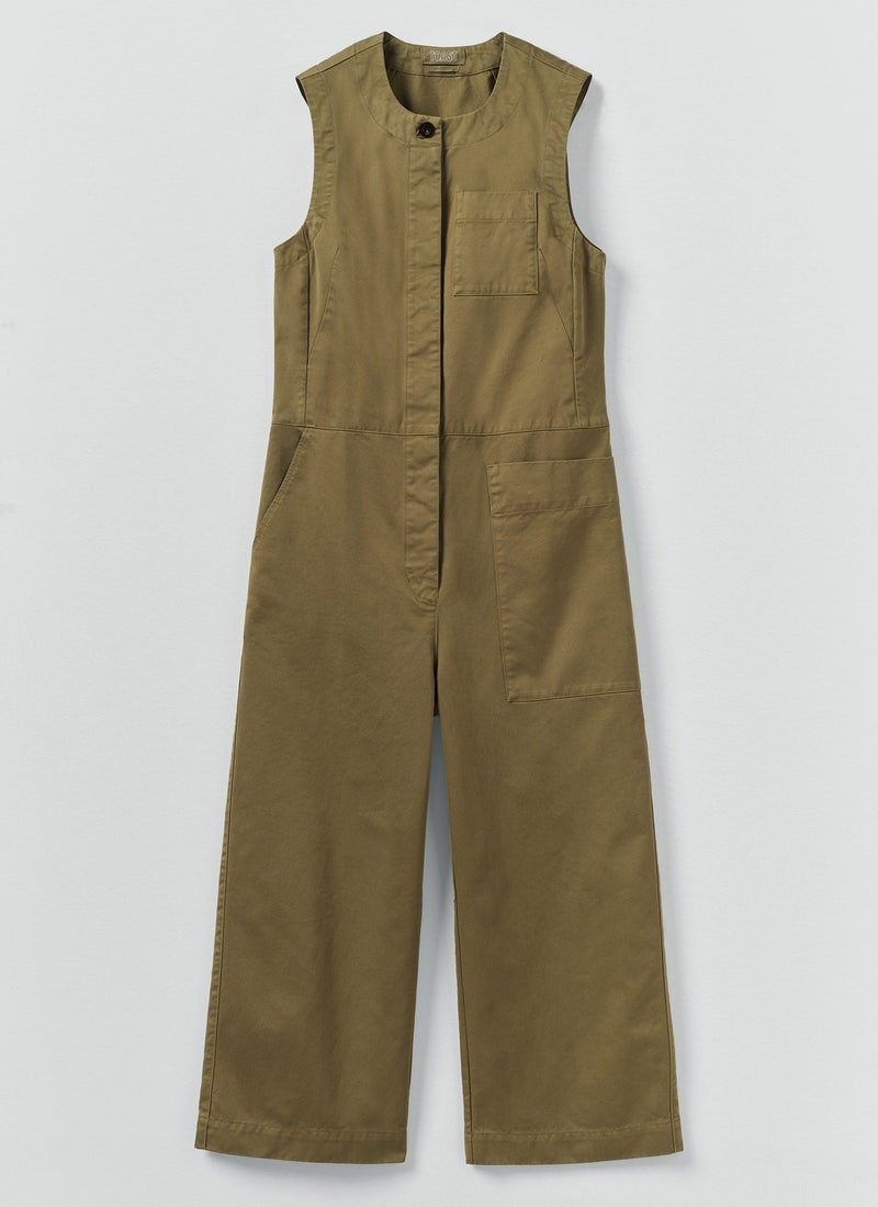 Sleeveless Cotton Twill Jumpsuit | Olive Leaf