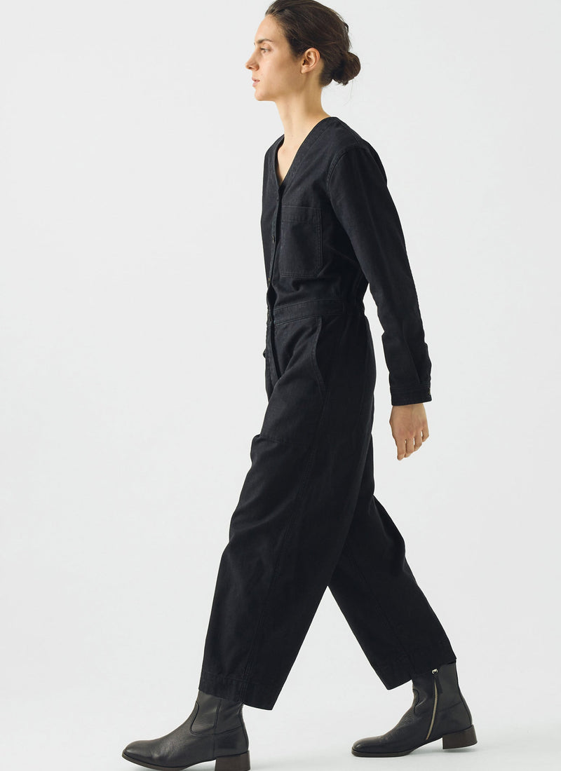 V Neck Cotton Twill Workwear Jumpsuit | Blue Black