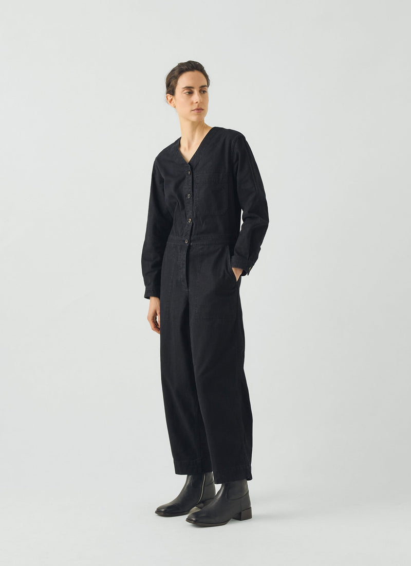 V Neck Cotton Twill Workwear Jumpsuit | Blue Black