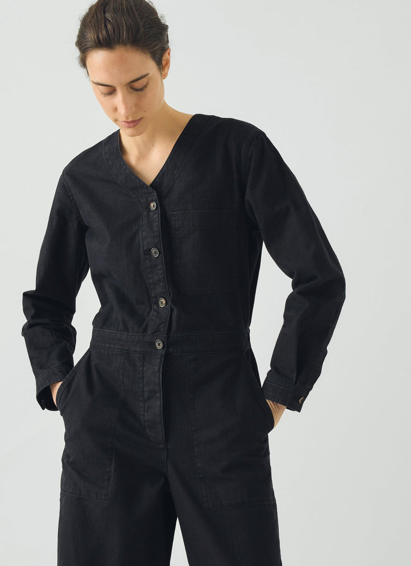 V Neck Cotton Twill Workwear Jumpsuit | Blue Black