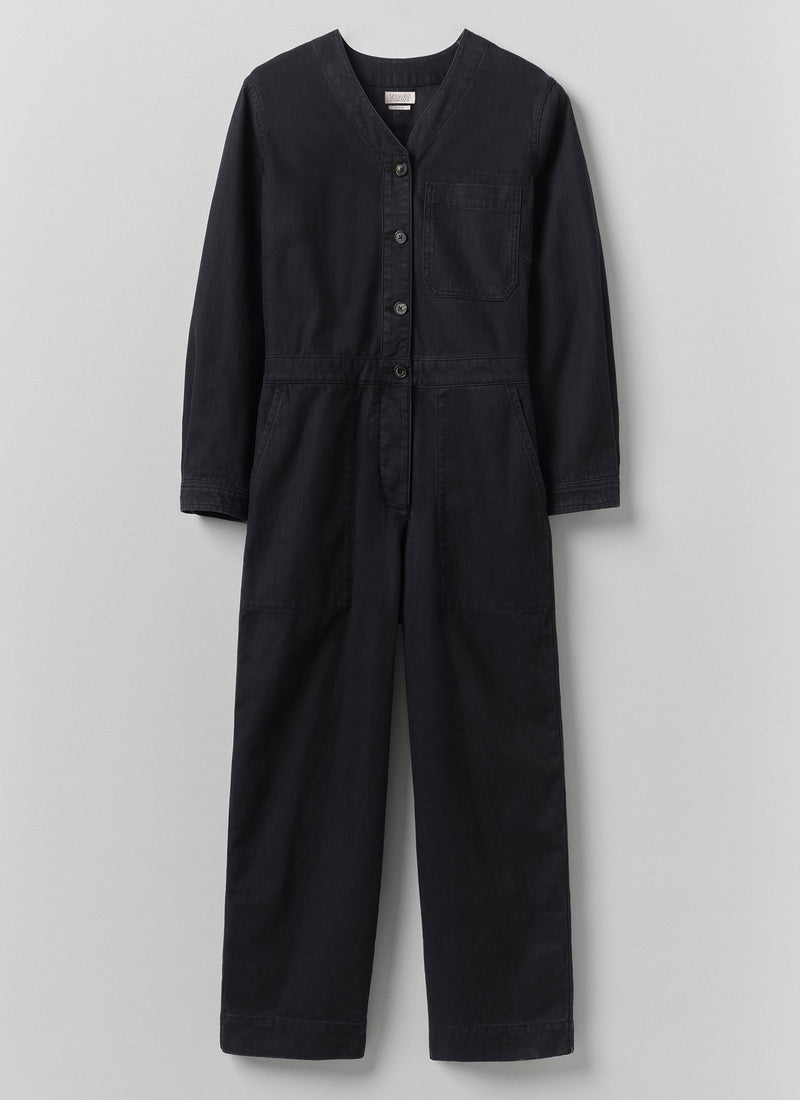 V Neck Cotton Twill Workwear Jumpsuit | Blue Black