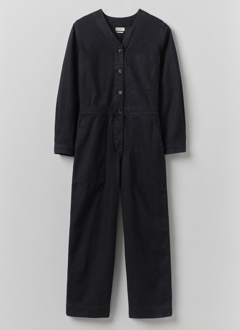 V Neck Cotton Twill Workwear Jumpsuit | Blue Black