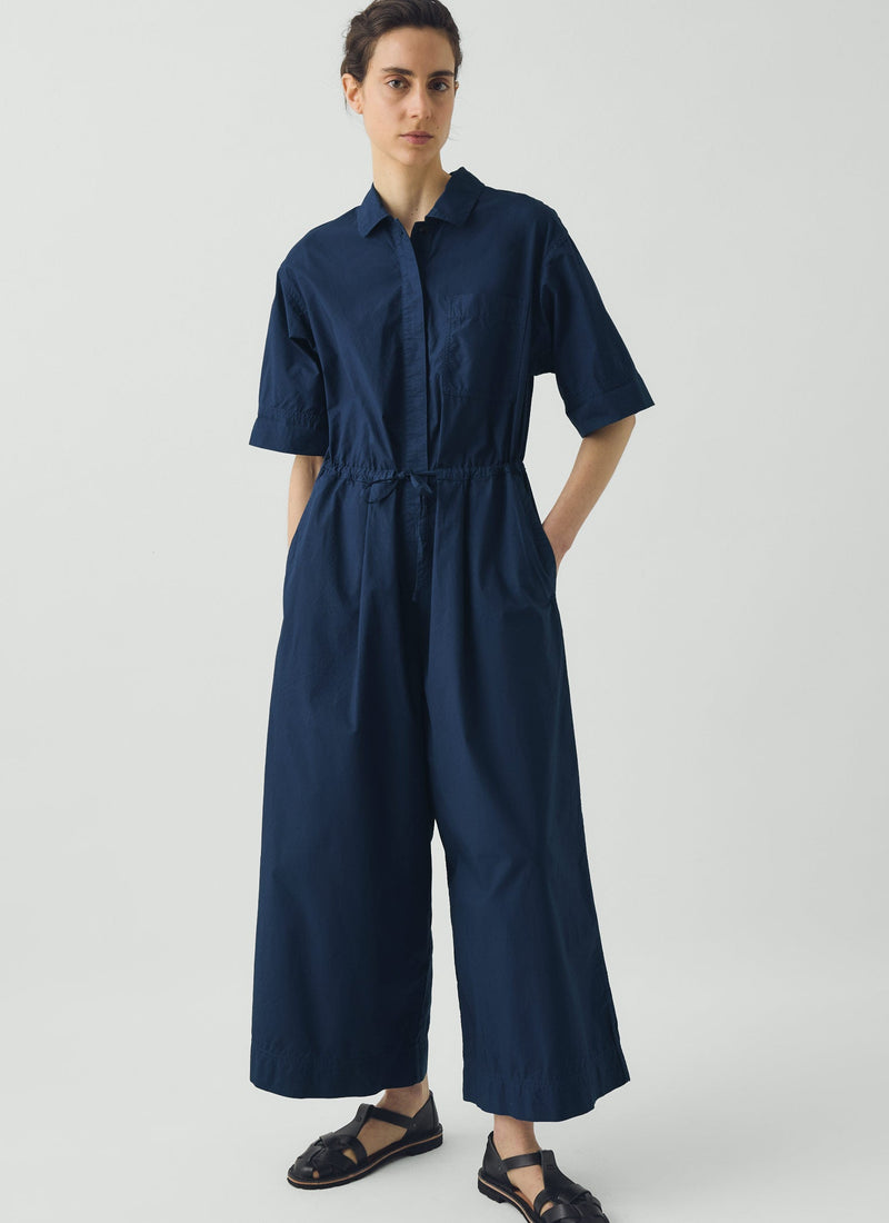Wide Leg Cotton Poplin Jumpsuit | Navy Blue