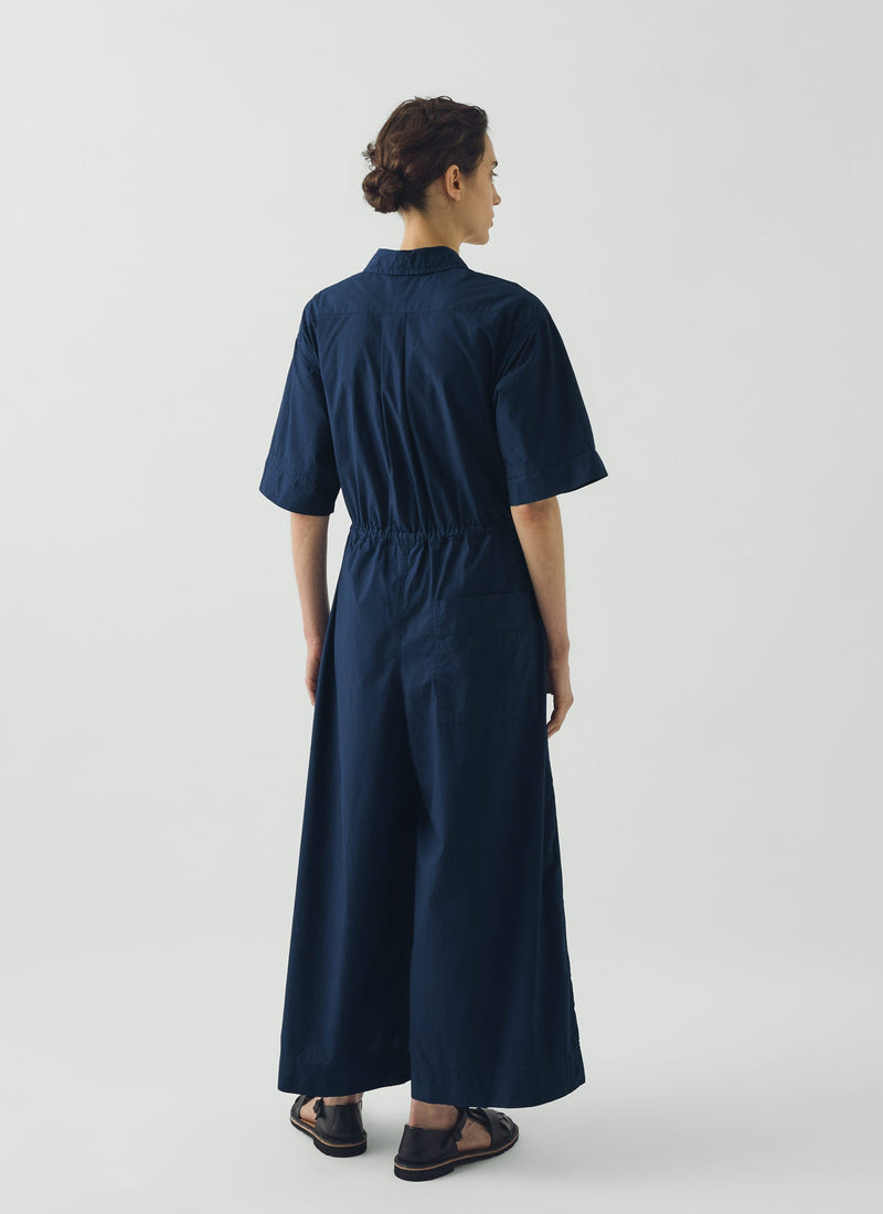 Wide Leg Cotton Poplin Jumpsuit | Navy Blue