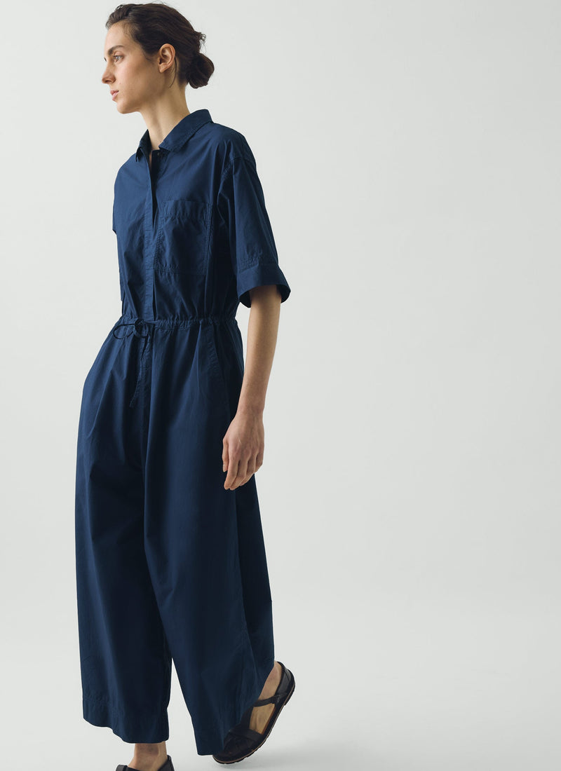 Wide Leg Cotton Poplin Jumpsuit | Navy Blue