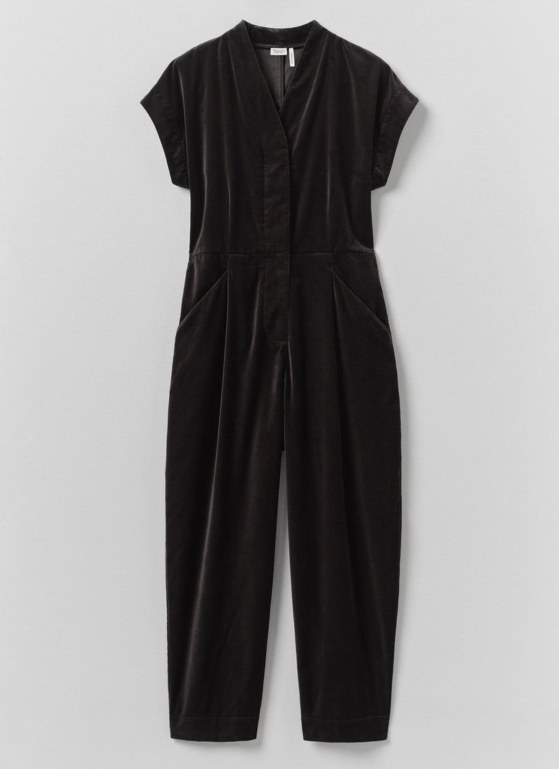 Cotton Velvet Cross Front Jumpsuit | Brown Slate