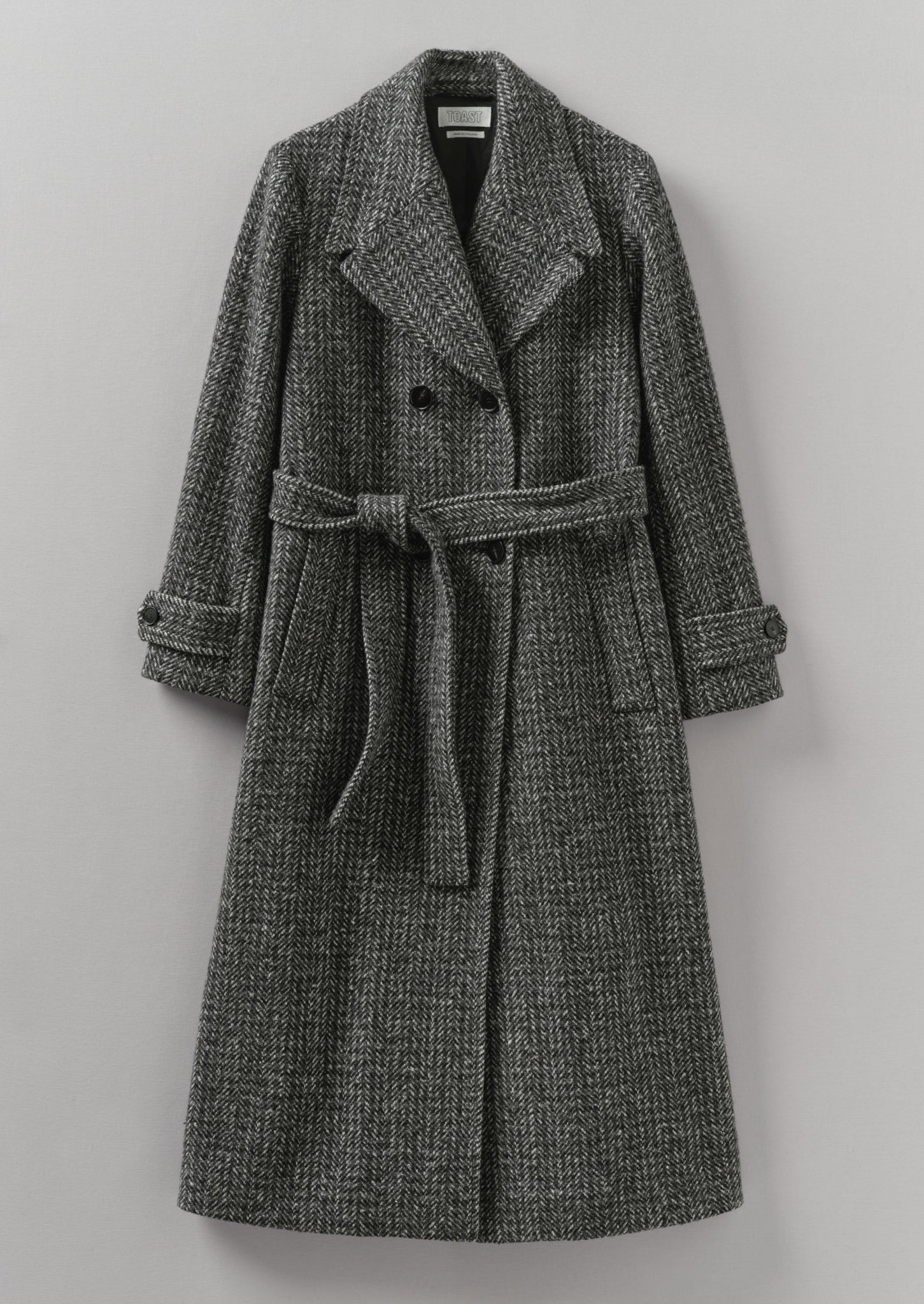 Wool Herringbone Belted Coat | Grey Melange