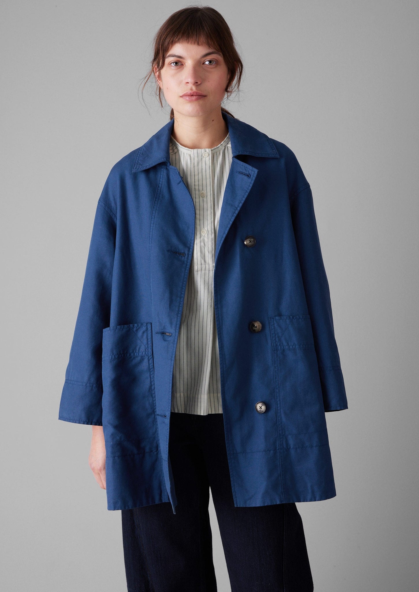 A Line Cotton Linen Canvas Coat | Dark Ash Blue