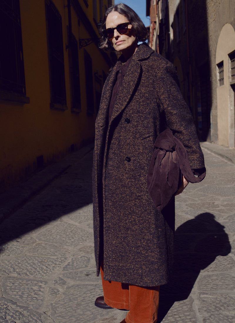 Wool Tweed Herringbone Coat | Brown/Black