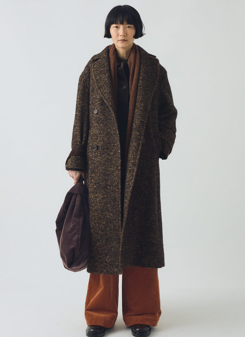 Wool Tweed Herringbone Coat | Brown/Black