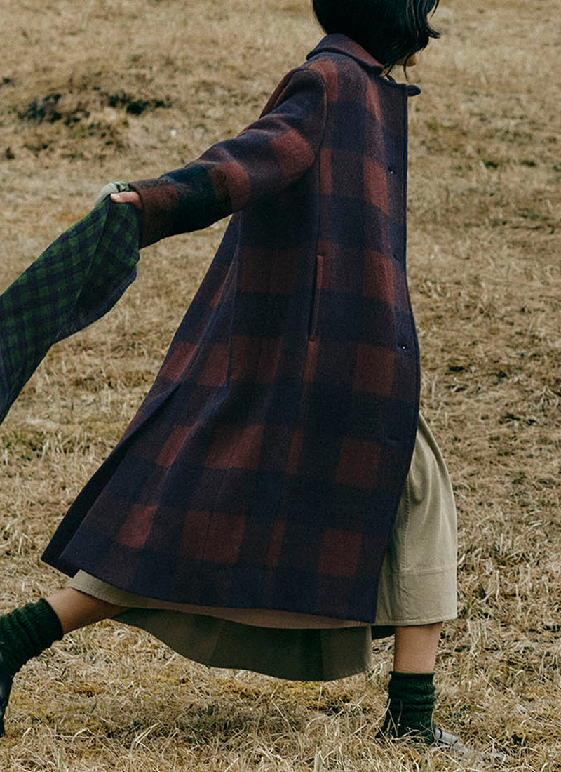 Boiled Wool Check Coat | Navy/Chestnut