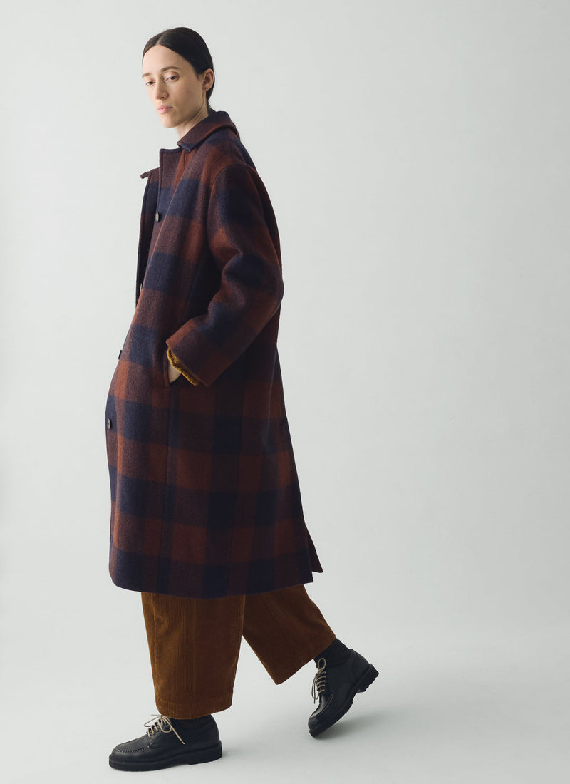 Boiled Wool Check Coat | Navy/Chestnut