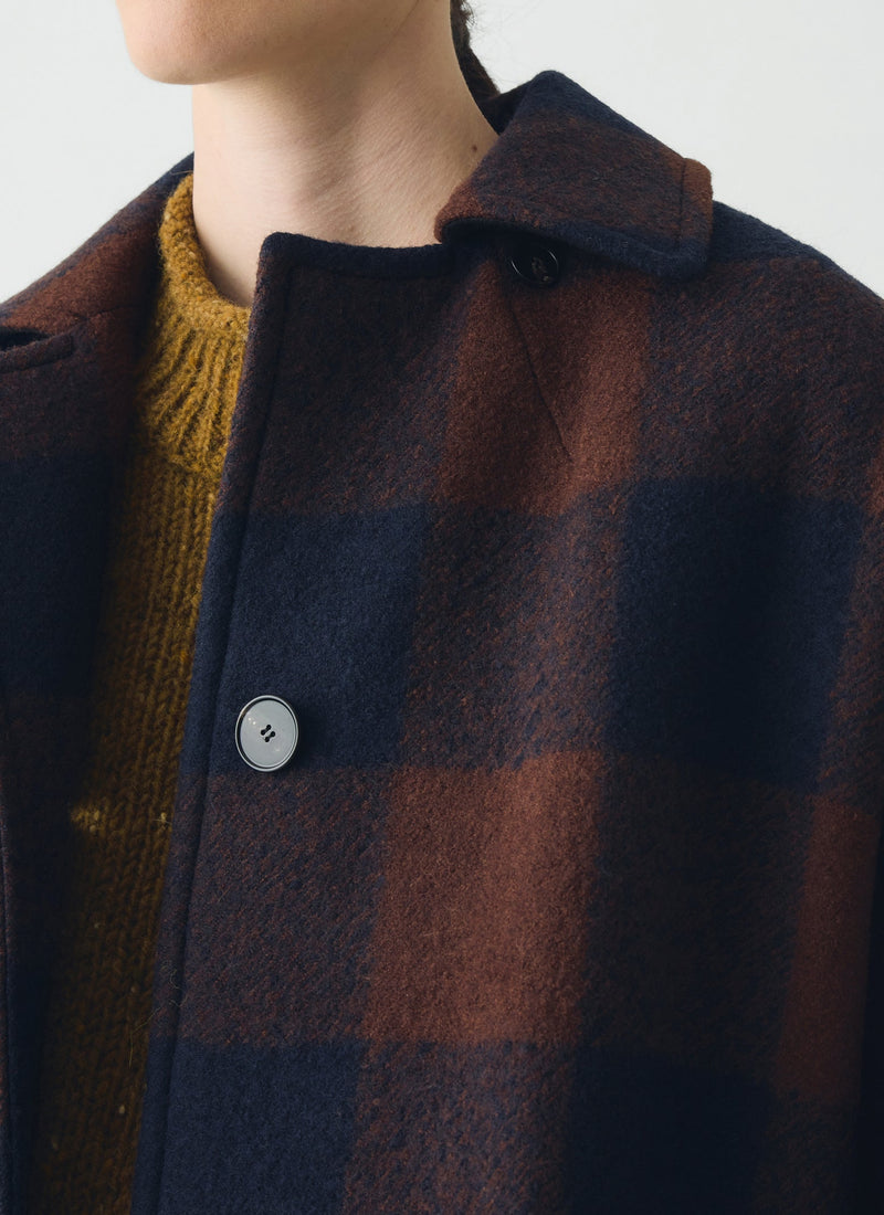 Boiled Wool Check Coat | Navy/Chestnut