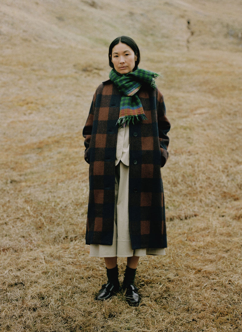 Boiled Wool Check Coat | Navy/Chestnut