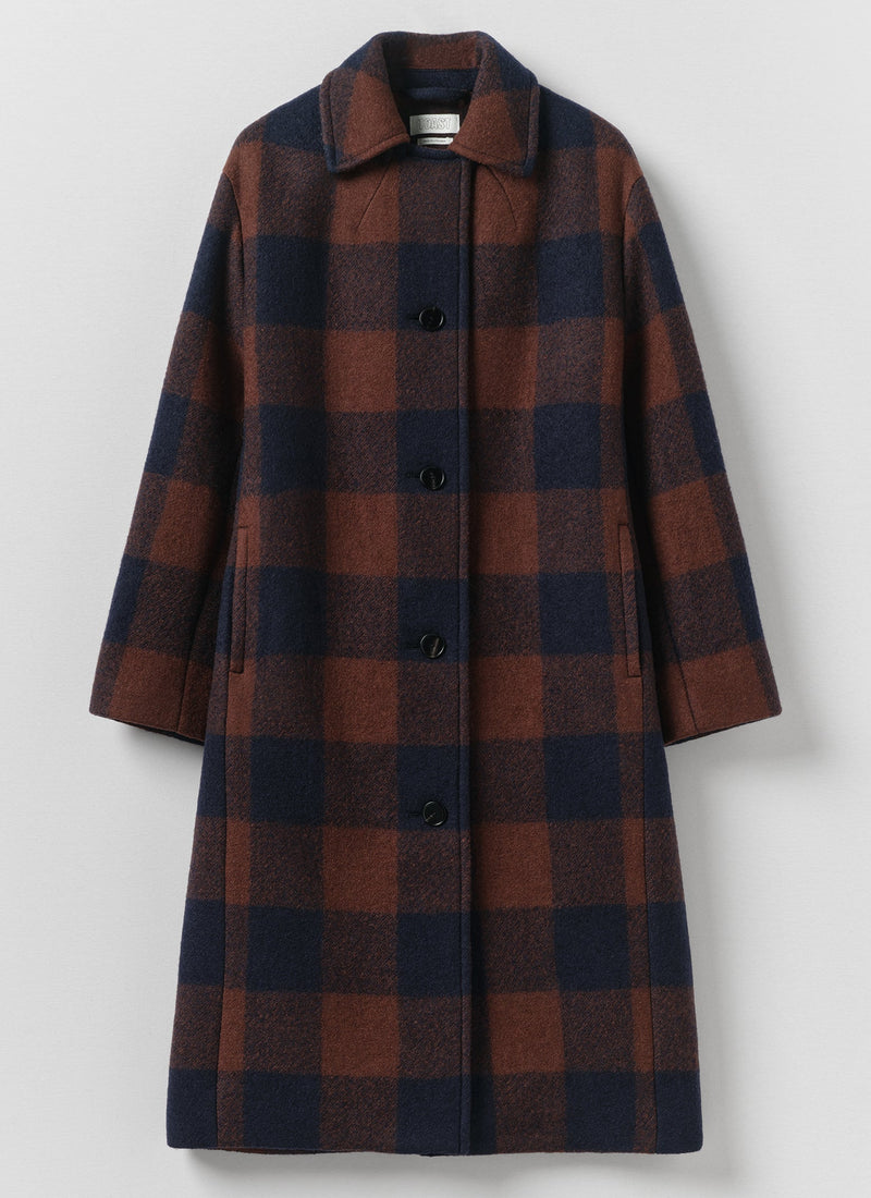 Boiled Wool Check Coat | Navy/Chestnut